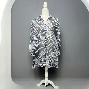 Chico's Button Down Tunic Women Size Large (2) Black Abstract Sheer Top Artsy